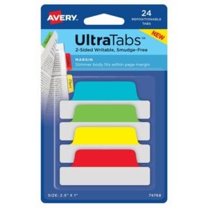 Ultra Tabs Repositionable Tabs, Margin Tabs: 2.5" x 1", 1/5-Cut, Assorted Colors, 24/Pack