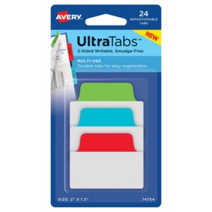 Ultra Tabs Repositionable Tabs, Standard: 2" x 1.5", 1/5-Cut, Assorted Colors (Blue, Green and Red), 48/Pack