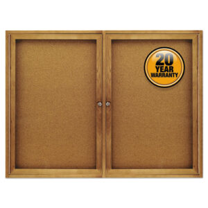 Enclosed Indoor Cork Bulletin Board with Two Hinged Doors, 48" x 36", Tan Surface, Oak Finished Fiberboard (MDF) Frame