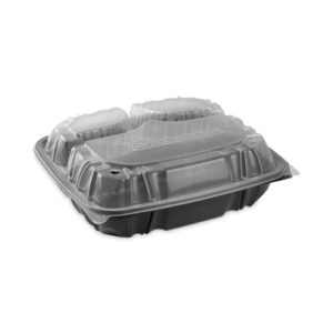 EarthChoice Vented Dual Color Microwavable Hinged Lid Container, 3-Compartment Base/Lid, 34 oz, Black/Clear, Plastic, 132/CT