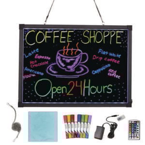 LED Illuminated Hanging Message Writing Board, 19.7" x 27.6", Black Surface, Black Aluminum Frame