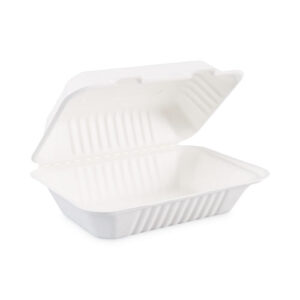 Bagasse Food Containers, Hinged Lid, 9 x 6 x 3.19, White, Sugarcane, 125/Sleeve, 2 Sleeves/Carton
