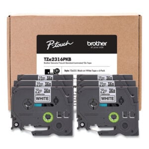 TZe Series Standard Adhesive Laminated Labeling Tape, 0.5", Black on White, 6/Pack