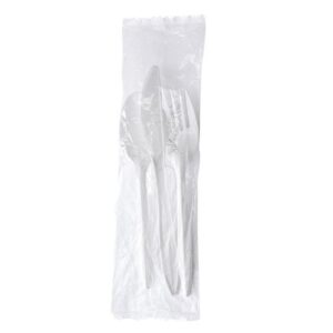 Three-Piece Polypropylene Cutlery Kit, Mediumweight, Fork/Knife/Spoon, Plastic, White, 250/Carton