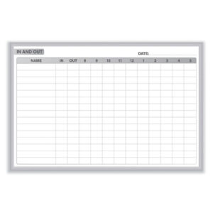In/Out Magnetic Whiteboard, Personnel In/Out Tracking Chart, 96.5" x 48.5", White/Gray Surface, Satin Aluminum Frame