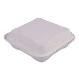 Molded Fiber Hinged Clamshell Containers, 9 x 9 x 3, White, Sugarcane, 50/Pack, 4 Packs/Carton
