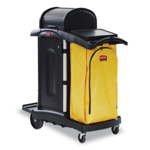 High-Security Healthcare Cleaning Cart, Metal, 4 Shelves, 1 Bin, 22" x 48.25" x 53.5", Black