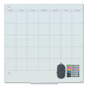Floating Glass Dry Erase Calendar, Monthly Planning/Scheduling, 35" x 35", White Surface