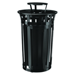 Outdoor Slatted Steel Trash Can, With Access Door and Rain Bonnet Lid, 36 gal, Black