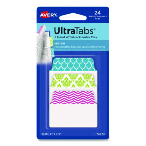 Ultra Tabs Repositionable Tabs, Fashion Patterns: 2" x 1.5", 1/5-Cut, Assorted Colors, 24/Pack