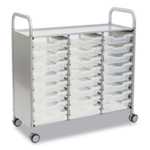 Callero Plus Treble Column Trolley Set 03, Metal, 1 Shelf, 24 F1 Shallow Bins, 40.6 x 17.3 x 41.5, Silver/Translucent Frost