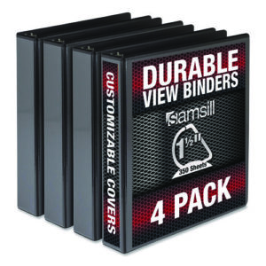 Durable D-Ring View Binders, 3 Rings, 1.5" Capacity, 11.5" x 8.5", Black, 4/Pack