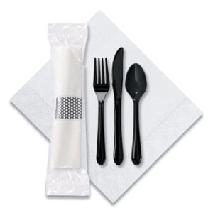 CaterWrap Cater to Go Express Cutlery Kit, Heavyweight, Fork/Knife/Napkin/Spoon, Plastic, Black, 100/Carton