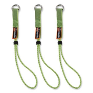 Squids 3703 Elastic Loop Tool Tails with D-Rings, 15 lb Max Working Capacity, 15" Long, Lime, 3/Pack, 20 Packs/Carton