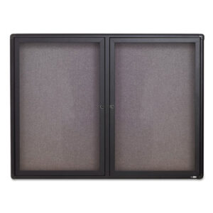 Enclosed Indoor Fabric Bulletin Board with Two Hinged Doors, 48" x 36", Gray Surface, Graphite Gray Aluminum Frame