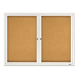Enclosed Indoor Cork Bulletin Board with Two Hinged Doors, 48" x 36", Tan Surface, Satin Aluminum Frame