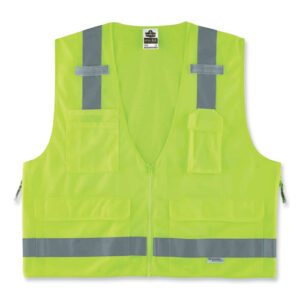 GloWear 8250Z Class 2 Surveyors Zipper Vest, Polyester, Small/Medium, Lime