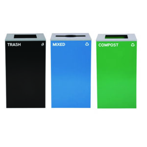 29 Gallon Trash/Recycling Cans, Steel, Blue Mixed Recycling Can w/Mixed Lid, Green Compost and Black Trash Cans w/Square Lids