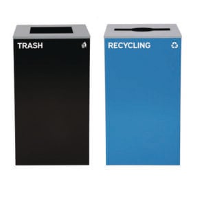 29 Gallon Trash/Recycling Cans, Steel, Blue Recycling with Mixed Lid, Black Trash Can with Square Lid