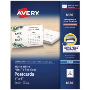 Printable Postcards, Inkjet, 80 lb, 4 x 6, Matte White, 100 Cards, 2 Cards/Sheet, 50 Sheets/Box
