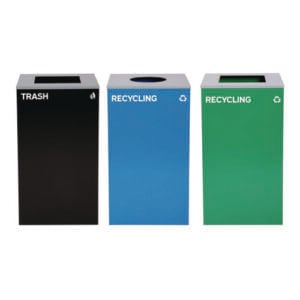 29 Gallon Trash/Recycling Cans, Steel, Blue Recycling Can w/Circle Lid, Green Recycling Can and Black Trash Can w/Square Lids