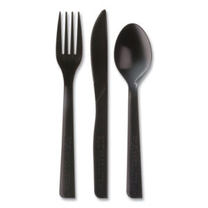 100% Recycled Content Cutlery Kit, Heavyweight Fork/Knife/Soup Spoon/Spoon, Plastic, Black, 250/Carton