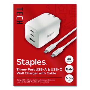 GaN USB-A/USB-C Wall Charger with Cable, 65 W, 3 Ports, White