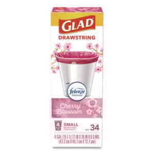 OdorShield Small Drawstring Trash Bags, 4 gal, Cherry Blossom Scent, 0.5 mil, 18" x 17", Pink, 34/Box
