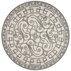 8' Ivory Grey Hand Woven Uv Treated Greek Key Medallion Round Indoor Outdoor Area Rug