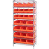 Quantum WR8-483485 Chrome Wire Shelving w/12 SSB483 12 SSB485 Stackable Shelf Bins Orange 36x21x74