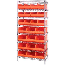 Quantum WR8-483485 Chrome Wire Shelving w/12 SSB483 12 SSB485 Stackable Shelf Bins Orange 36x21x74
