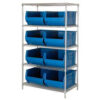 Quantum WR5-993 Chrome Wire Shelving With 8 36""D Hopper Bins Blue 36x36x86