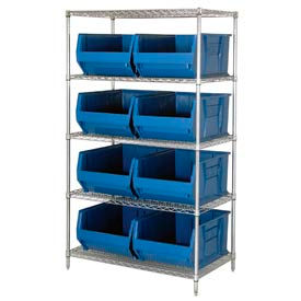 Quantum WR5-993 Chrome Wire Shelving With 8 36""D Hopper Bins Blue 36x36x86