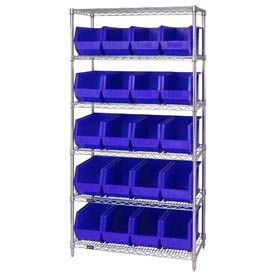 Quantum WR6-265 Chrome Wire Shelving With 20 Giant Plastic Stacking Bins Blue 36x18x74