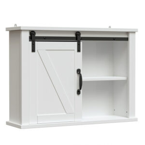 Bathroom Wall-Mounted Medicine Cabinet Organizer with Sliding Barn Door-White