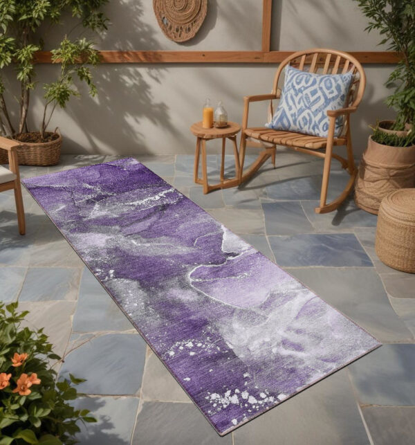 8' Runner Gray and Purple Abstract Washable Non Skid Indoor Outdoor Runner Rug