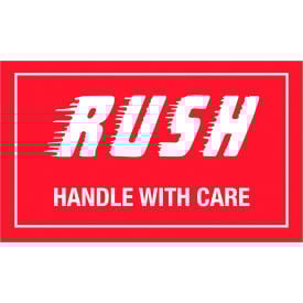 Tape Logic® Labels with ""Rush-Handle With Care"" Print 5""L x 3""W Red/White Roll of 500