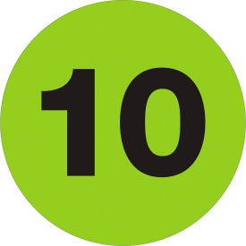Tape Logic® 2"" Dia. Round Number Paper Labels with ""10"" Print Fluorescent Green Roll of 500