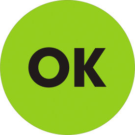 Tape Logic® 2"" Dia. Round Paper Labels with ""OK"" Print Fluorescent Green Roll of 500