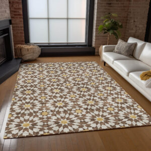 9' X 12' Chocolate Ivory And Gold Floral Medallion Washable Indoor Outdoor Area Rug