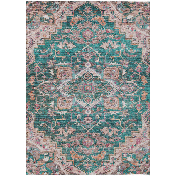 9' X 12' Emerald Teal Blue And Beige Oriental Washable Indoor Outdoor Area Rug