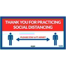 Global Industrial™ Red Thank you for Social Distancing Sign 24""W x 12""H Adhesive Vinyl