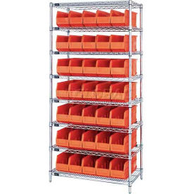 Quantum WR8-461 Chrome Wire Shelving with 35 SSB461 Stackable Shelf Bins Orange 36x18x74