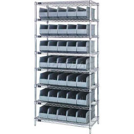 Quantum WR8-461 Chrome Wire Shelving with 35 SSB461 Stackable Shelf Bins Gray 36x18x74