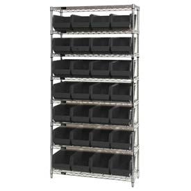 Global Industrial™ Chrome Wire Shelving w/ 28 Stacking Black Bins 36""W x 14""D x 74""H Gray
