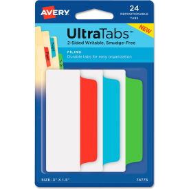 Avery® Ultra Tabs Repositionable Tabs 3"" x 1-1/2"" Primary Blue Green Red 24/Pack