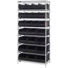 Quantum WR8-483485 Chrome Wire Shelving w/12 SSB483 12 SSB485 Stackable Shelf Bins Black 36x21x74