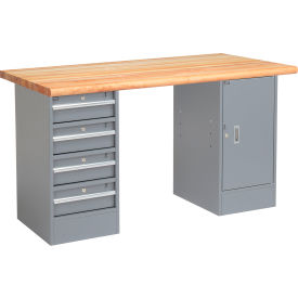 Global Industrial™ 60 x 30 Pedestal Workbench - 4 Drawers & Cabinet Maple Safety Edge - Gray