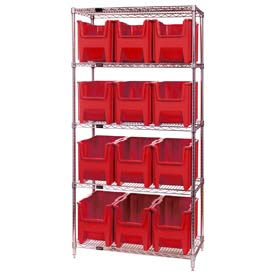 Quantum WR5-600 Chrome Wire Shelving With 12 Giant Hopper Bins Red 18x36x74