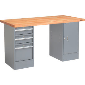 Global Industrial™ 72 x 30 Pedestal Workbench - 3 Drawers & Cabinet Maple Square Edge - Gray